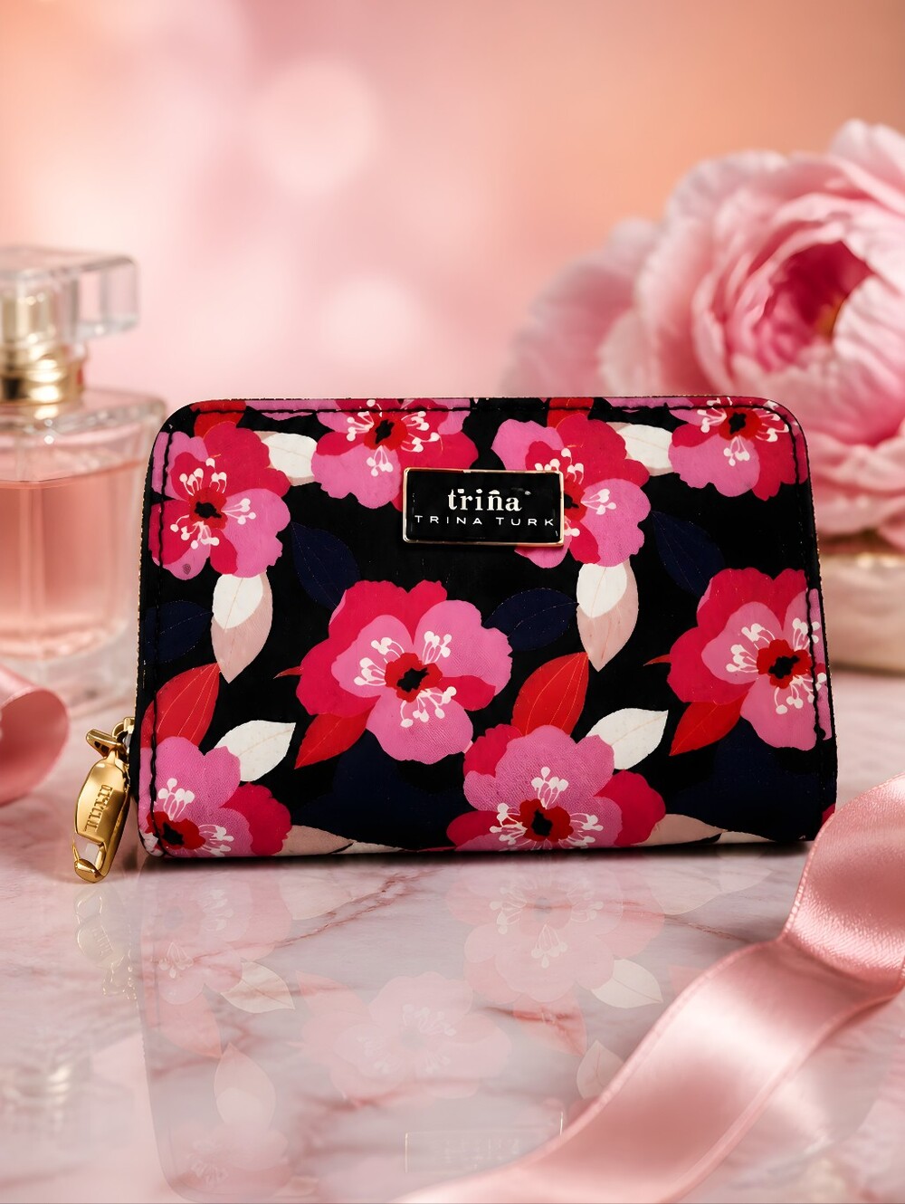 Trina Turk NWT Bold Floral Pink & Black Wallet